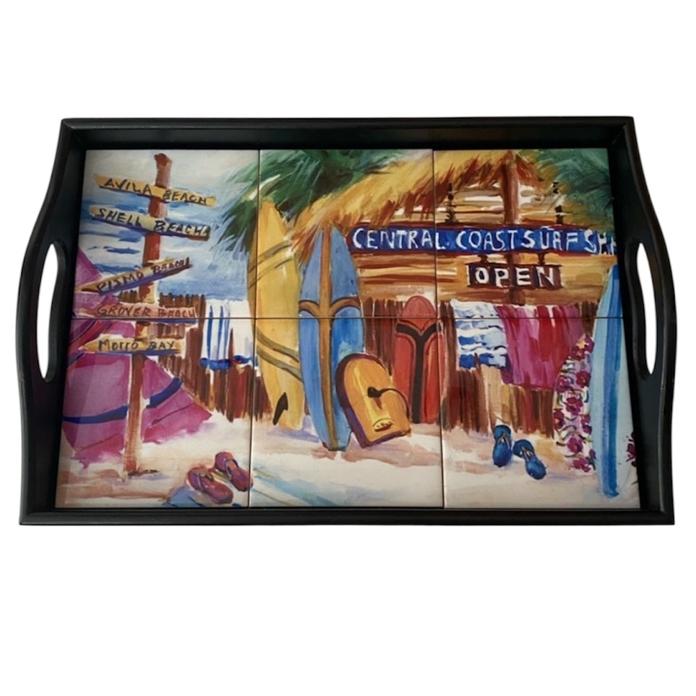 "Central Coast Surf Shack" Colorful Surfboard Beach Tile Serving Tray 13”x9”